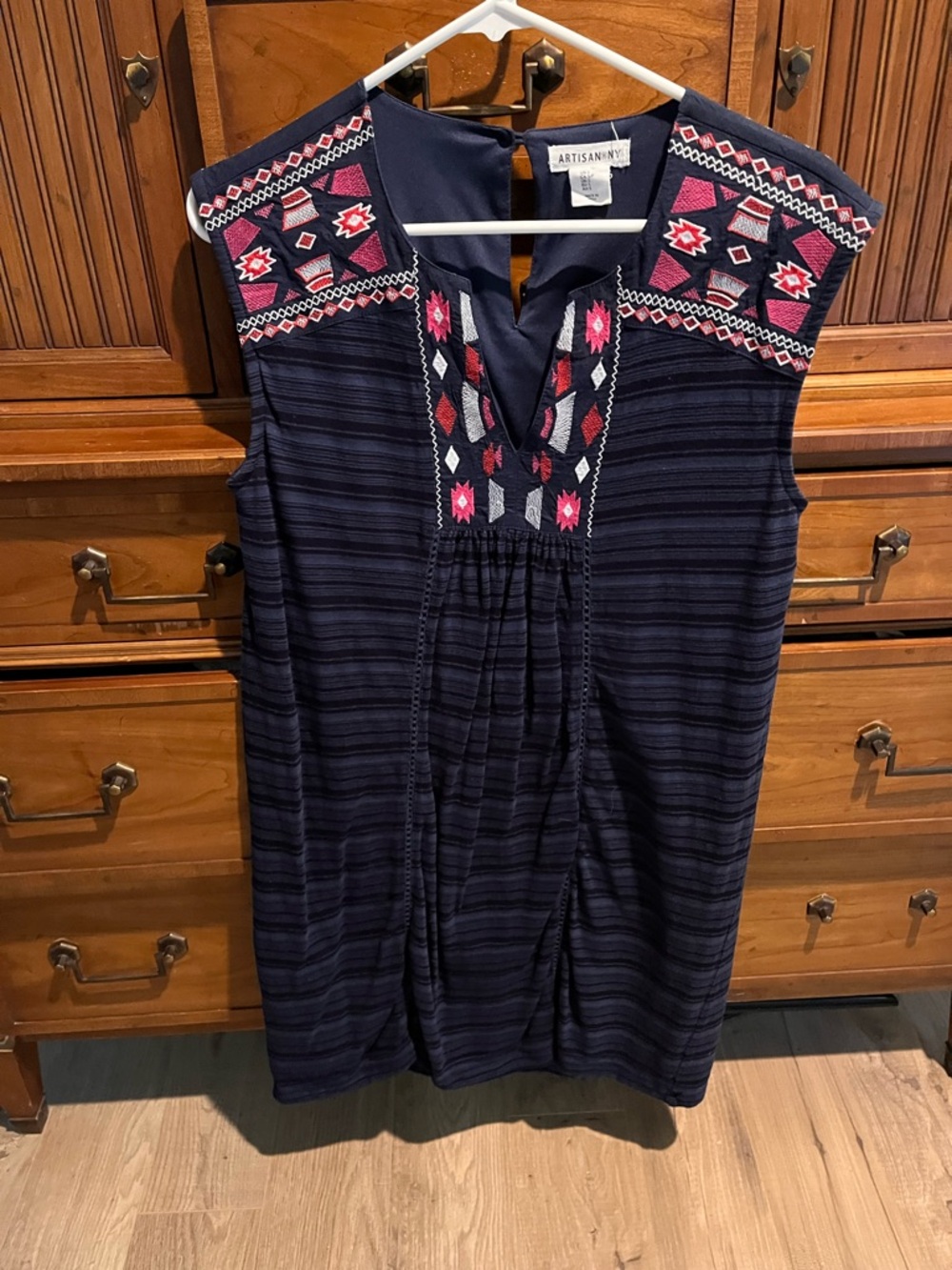 Artisan NY Navy Embroidered Sleeveless Shift with Pink and Gray Accents